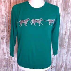 Ann Taylor Factory Green Sweater with Leopards size Small